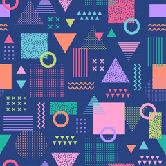 Obraz premium Colorful geometric seamless pattern background in Memphis style.