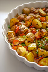 Roasted potatoes in the oven with spices and herbs close-up, food background life style, homemade potatoes recipe authentic, vegan cuisine