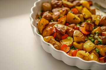 Roasted potatoes in the oven with spices and herbs close-up, food background life style, homemade potatoes recipe authentic, vegan cuisine