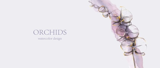 Elegant, romantic watercolor background with hand painted orchids. Colorful watercolor blot, mural, wash, ink imitation. © olechkaart