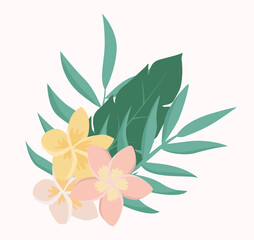 Tropical flowers, leaves, jungle leaf, hibiscus. Vector exotic illustrations, floral elements isolated. Hawaiian bouquet for postcards, wedding, wallpapers