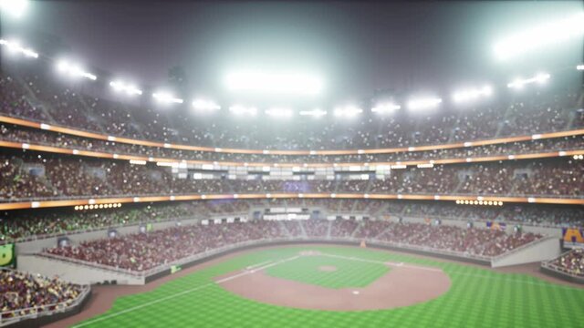 Empty night baseball and cricket arena with fans in fog and illuminated by spotlights 3d render. High quality 4k footage