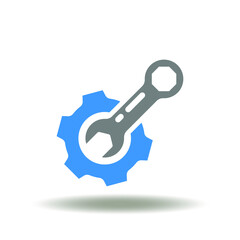Vector illustration of gear with wrench. Symbol of repair, fix, tuning. Icon of productivity tools.