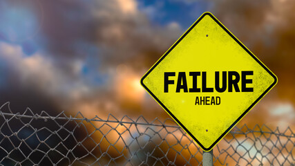 3D-Illustration of a yellow warning sign that says 'FAILURE AHEAD' in front of a stormy sky