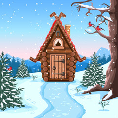 A fairy tale hut made of logs with carved trim on the roof, a chimney and a horseshoe for luck. Old village house in the winter forest. Vector illustration in cartoon style. Winter fairy background.