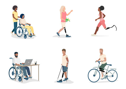 Set of vector illustration people with disabilities lead an active lifestyle. Rehabilitation and adaptation of people with disabilities vector illustration for card, flyer or poster.