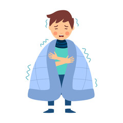 Cute freezing boy child in winter. Kids shivering under blanket in flat design on white background.