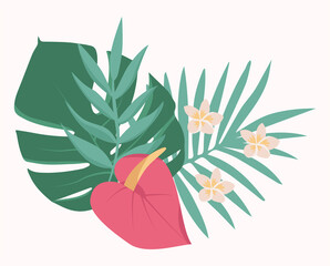 Fototapeta na wymiar Tropical flowers, palm leaves, jungle leaf, hibiscus, spathiphyllum, monstera. Vector exotic illustrations, floral elements isolated. Hawaiian bouquet for postcards, wedding, wallpapers