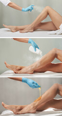 Triptych of cosmetic services for the care of the skin of the leg:.sprays a disinfectant,...