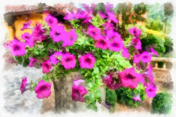Fototapeta na wymiar purple and white trumpet flower watercolor style illustration impressionist painting.