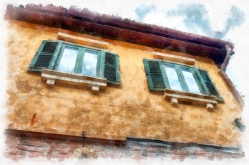 european village building watercolor style illustration impressionist painting.