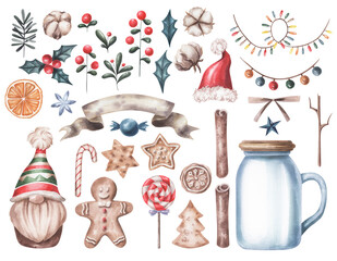 Watercolor set of christmas elements. Watercolor elements on transparent background.
