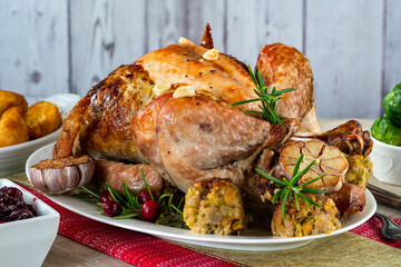 Traditional whole roasted Christmas turkey with apricot and pistachio stuffing, roast potatoes and cranberry sauce