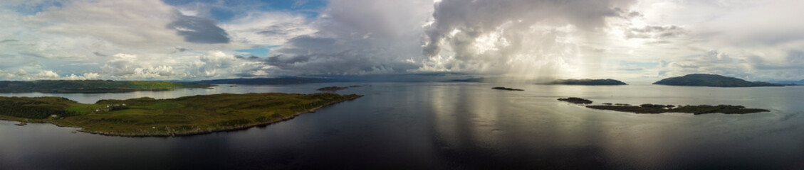 Aerial view of the Sound of Jura, Corryvreckan and the isles around Dorus Mor, from near the point of Craignish, Scotland - obrazy, fototapety, plakaty