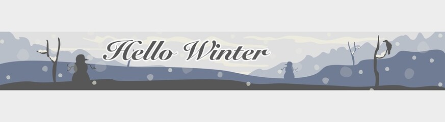 Flat winter landscape. Vector long banner. Background, snow weather. Snowman, raven bird. Bare trees, valley. Falling snow flakes. Web page design. Season banner. Grey palette colour. Hello winter.