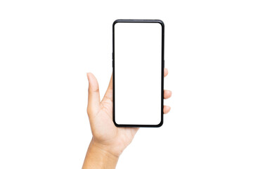 Woman hand holding the black smartphone with blank screen and modern frameless design isolated on white background