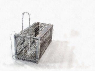 mousetrap cage watercolor style illustration impressionist painting.