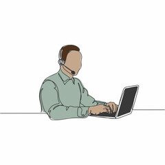 Vector continuous one single line drawing icon of beautiful business man at work via video call using laptop in silhouette on a white background. Linear stylized.