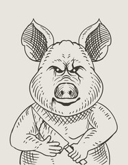 illustration vintage scary pig engraving style
