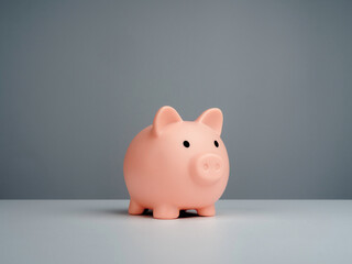 Pink piggy bank isolated on white table and dark grey background. Saving money and business investment concept.