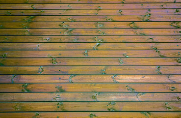 A wooden wall with an aged surface.
Vintage wall and floor made of darkened wood, realistic plank texture.
 Empty room interior background.