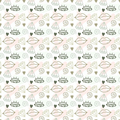 Vector abstract pattern for women. Seamless pattern with lips, eyes, crystals, spiral, hearts and abstract spots on a white background drawn by line hand drawn