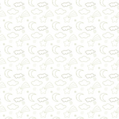 Vector linear pattern with clouds, stars, spirals, month on a white background