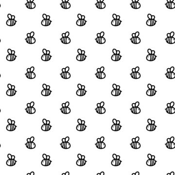 Vector pattern with bees. Linear black and white illustration with insects on a white background hand-drawn