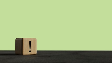 3D-Illustration of a wooden cube with an exclamation mark printed on it on a green background