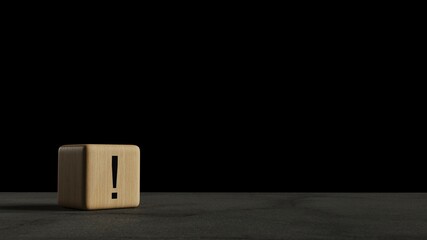 3D-Illustration of a wooden cube with an exclamation mark printed on it on a black background