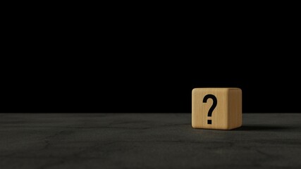 3D-Illustration of a wooden cube with a question mark printed on it on a black background