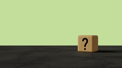 3D-Illustration of a wooden cube with a question mark printed on it on a green background