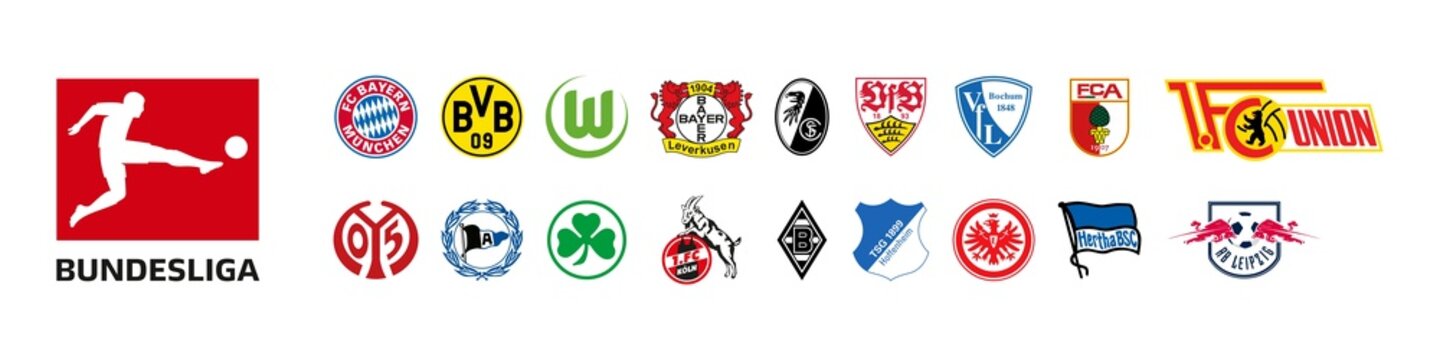 FC of Germany, Bundesliga. Bayern Munich, Borussia Dortmund, Wolfsburg, Bayer, Freiburg, Stuttgart, Bochum, Augsburg, Mainz, Arminia, Greuther Furth, Koln, Hoffenheim, Frankfurt, Hertha, Leipzig