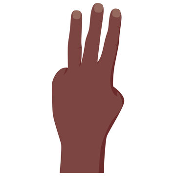 Gesture with lifted fingers up showing number three. Vector illustration of counting black skin hand isolated on white background