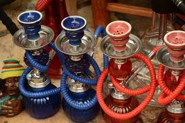 Hookahs on display at the Arabic bazaar, Old City of Akko, Israel.  Muslim market of Acre. Nargilas at an Arabic shop for tourist.