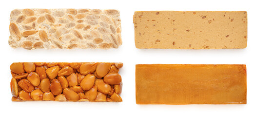 Collection of Turron nougat - traditional Spanish almond dessert isolated on white background....