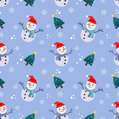 Cute snowman and Christmas tree in winter seamless pattern.