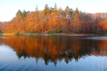 A lake surrounded by forest in autumn colors and beautiful reflection in water. Otominskie Lake, Otomin, Kashubia, Poland
