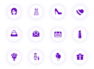 mother day purple color vector icons on light round buttons with purple shadow. mother day icon set for web, mobile apps, ui design and print