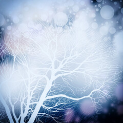 Naked tree in fantastic winter. Digital lines hand drawn picture with watercolour texture. Mixed media artwork.