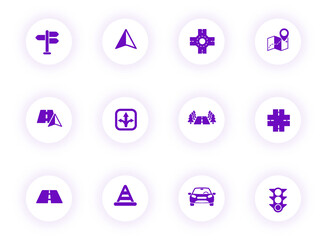 road purple color vector icons on light round buttons with purple shadow. road icon set for web, mobile apps, ui design and print