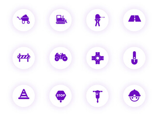road repairs purple color vector icons on light round buttons with purple shadow. icon set for web, mobile apps, ui design and print