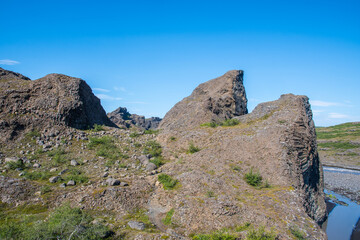 The ‘echo rocks’ or Hljodaklettar in Jokulsargljufur canyon in Vatnajokull national park in iceland