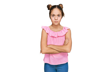 Beautiful brunette little girl wearing summer pink shirt skeptic and nervous, disapproving expression on face with crossed arms. negative person.