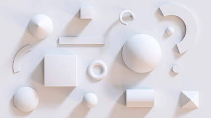 White geometric shapes in an abstract composition. Monochrome. For toning. 3d rendering. View from above