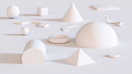 White geometric shapes in an abstract composition. Monochrome. For toning. 3d rendering.