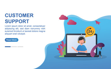 customer service concept with a 24-hour logo and a person picking up the phone.