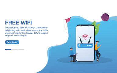 free wifi concept with wifi modem and people using wifi.