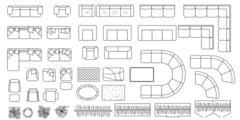 Furniture for living room Top view. Set of outline elements for interior design of flat, office, house, apartment. Interior icon, sofa, chairs, plant. Furniture symbol set.  Isolated Vector collection