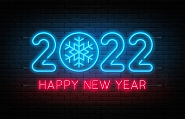 Happy New Year 2022. New Year and Christmas neon signboard with glowing text and numbers. Neon light effect for background, banner, poster and greeting card